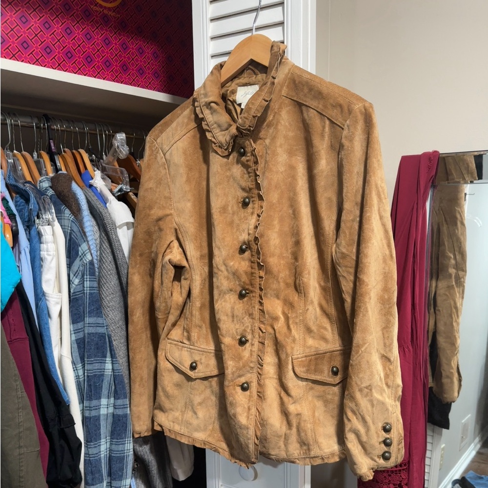 J Jill Suede Leather Button-Up Jacket With Ruffle Trim